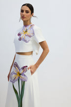Angelica Short-Sleeved Top and Skirt Set with Floral Applique