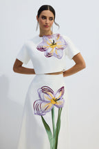 Angelica Short-Sleeved Top and Skirt Set with Floral Applique