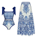 Blue and White Porcelain Patterned Swimsuit Set