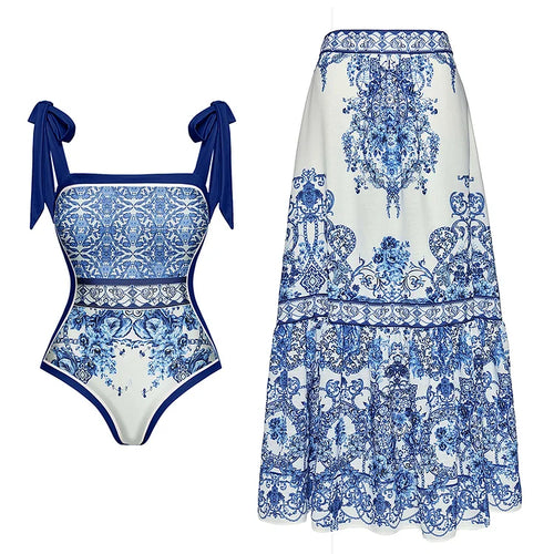 Blue and White Porcelain Patterned Swimsuit Set