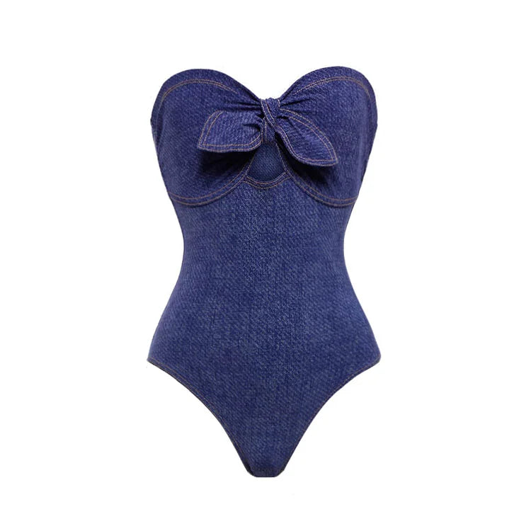Strapless Denim Pattern Swimsuit Set