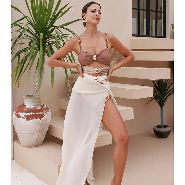 Boncuk Süslemeli Oyuk Düğümlü Mayo Takımı