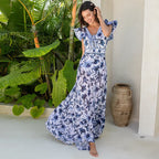 V-Neck Floral Patterned Wavy Swimsuit Set