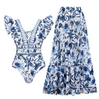 V-Neck Floral Patterned Wavy Swimsuit Set