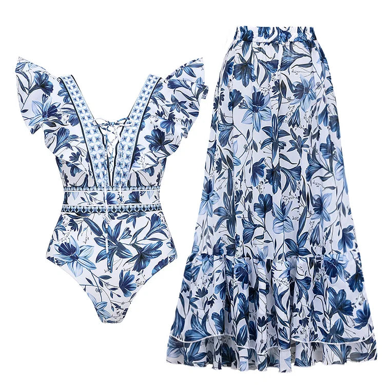 V Yaka Çiçek Desenli Dalgalı Mayo Takımı