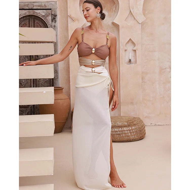 Boncuk Süslemeli Oyuk Düğümlü Mayo Takımı