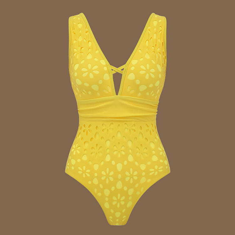 Yellow Laser Cut Floral Pattern Swimsuit Set