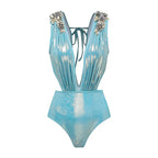 Blue Shiny Beaded Deep Slit Swimsuit Set
