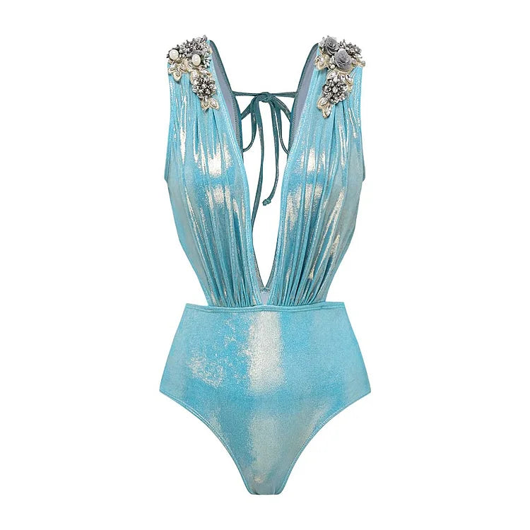 Blue Shiny Beaded Deep Slit Swimsuit Set