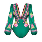 Deep V-Neck Printed Long-Sleeve Anti-Sun Swimsuit Set