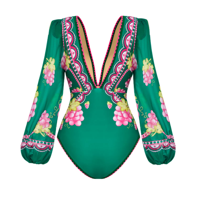 Deep V-Neck Printed Long-Sleeve Anti-Sun Swimsuit Set