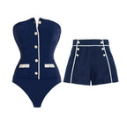 Navy Blue Button Detail Shorts Swimsuit Set