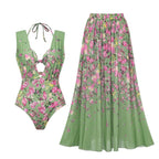 3-Piece Floral Top with Deep V-Neck Swimsuit Set