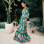 Deep V-Neck Printed Long-Sleeve Anti-Sun Swimsuit Set