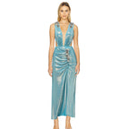 Blue Shiny Beaded Deep Slit Swimsuit Set