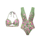 3-Piece Floral Top with Deep V-Neck Swimsuit Set