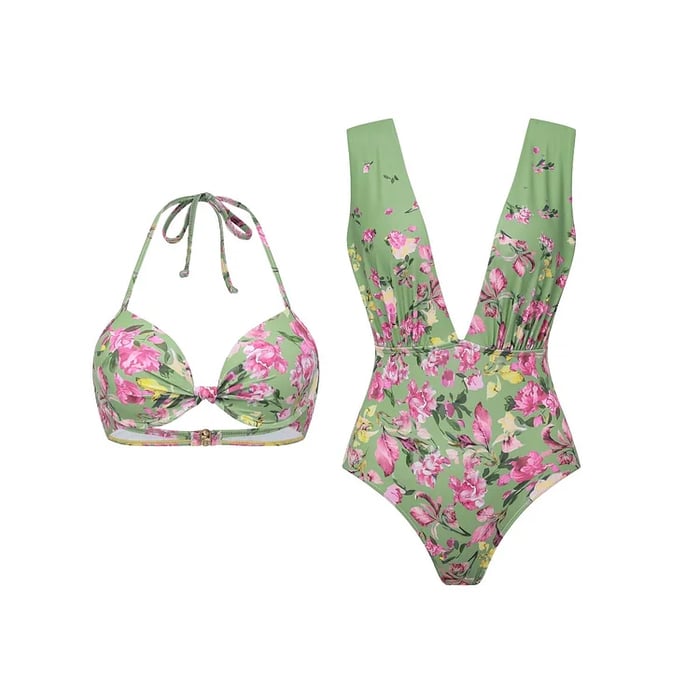 3-Piece Floral Top with Deep V-Neck Swimsuit Set