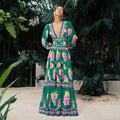 Deep V-Neck Printed Long-Sleeve Anti-Sun Swimsuit Set
