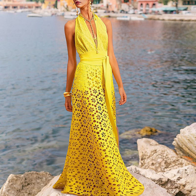 Yellow Laser Cut Floral Pattern Swimsuit Set