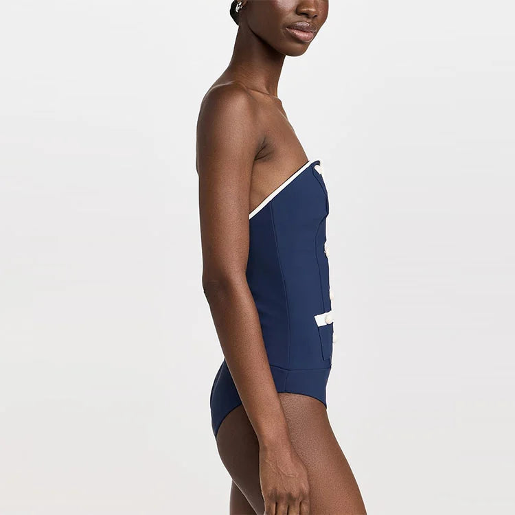 Navy Blue Button Detail Shorts Swimsuit Set