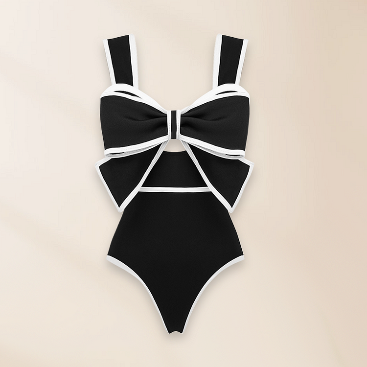 Black and White Swimsuit Set with Bow Front Trim