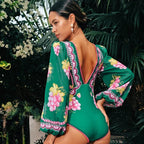 Deep V-Neck Printed Long-Sleeve Anti-Sun Swimsuit Set