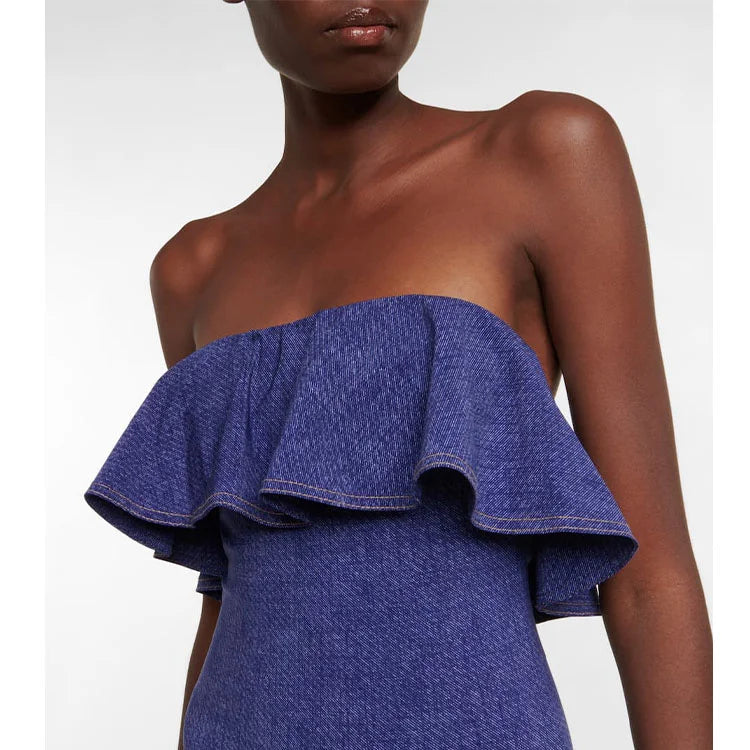 Dalgalı Üstlü Denim Desenli Mayo Takımı