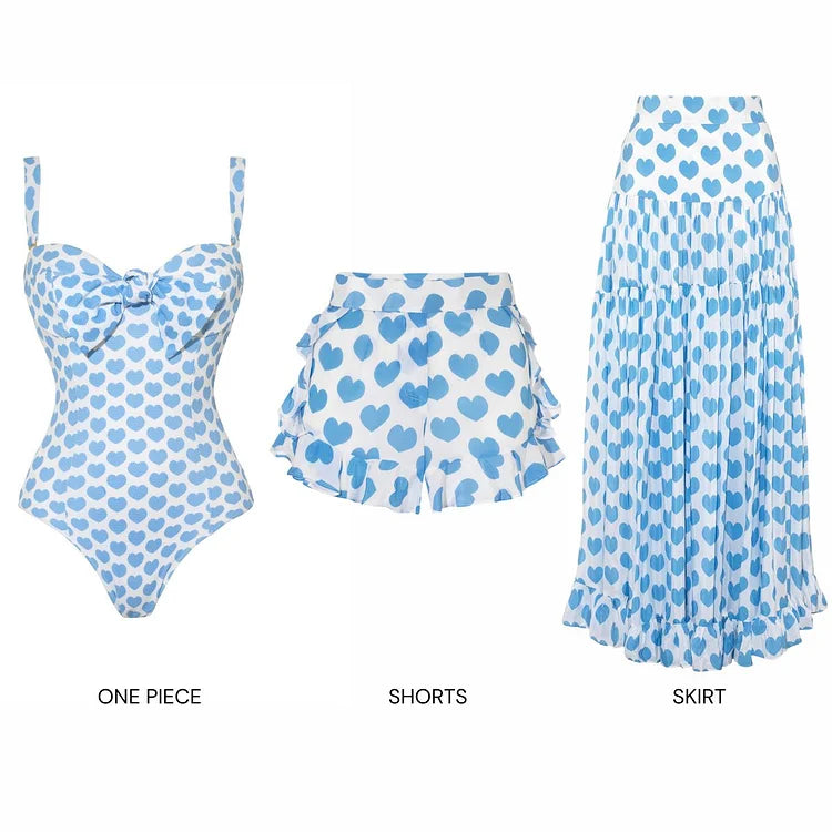 Heart Patterned Swimsuit Set with Bow and Shorts or Skirt