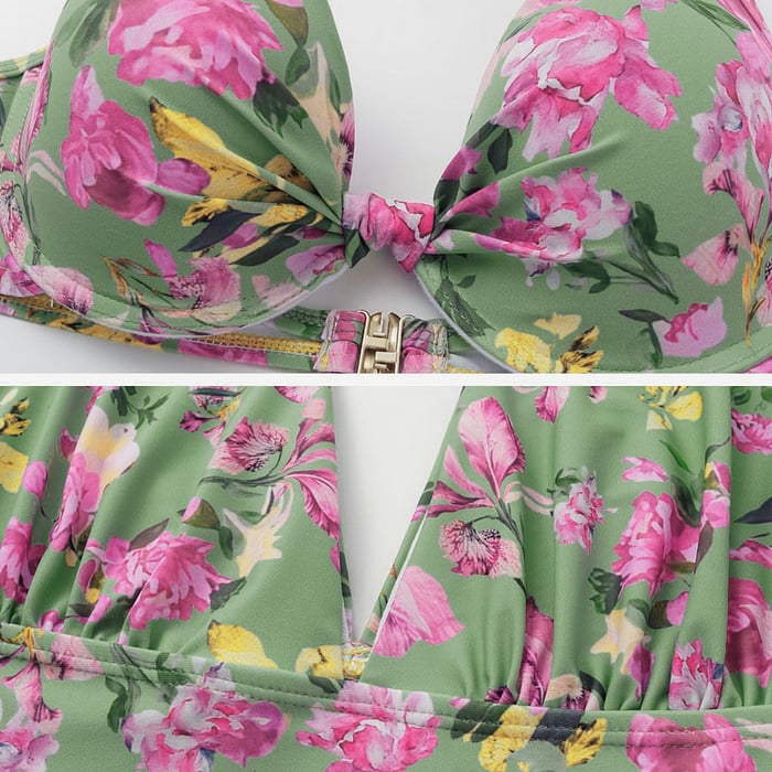 3-Piece Floral Top with Deep V-Neck Swimsuit Set