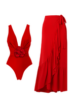 3D Removable Rose Red Swimsuit Set