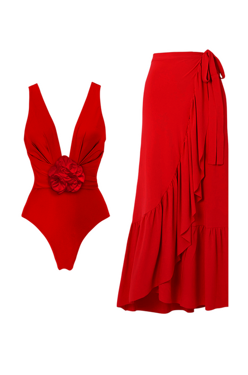 3D Çıkarılabilir Güllü Kırmızı Mayo Takımı