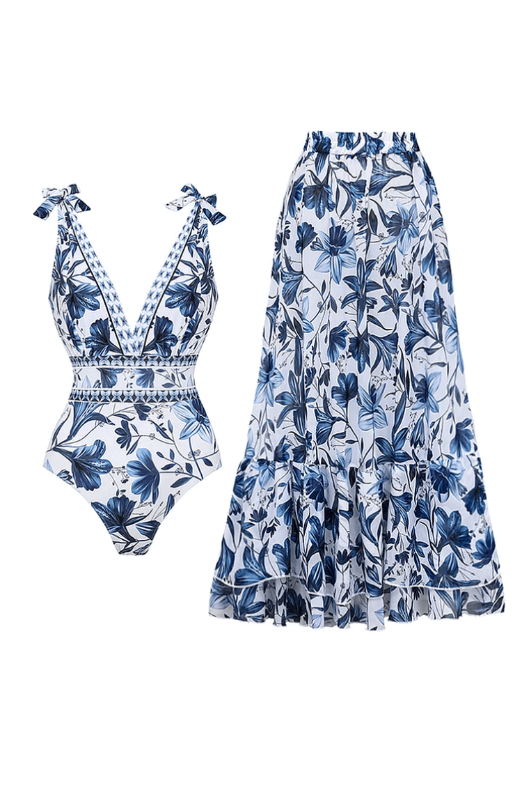 V Yaka Çiçek Desenli Mayo Takımı