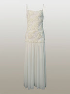 Andrea Flower Applique Pleated Chiffon Long Dress