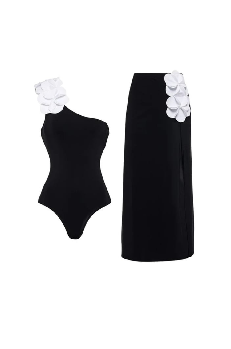 3D Çiçekli Tek Omuz ve Straplez Mayo Takımı