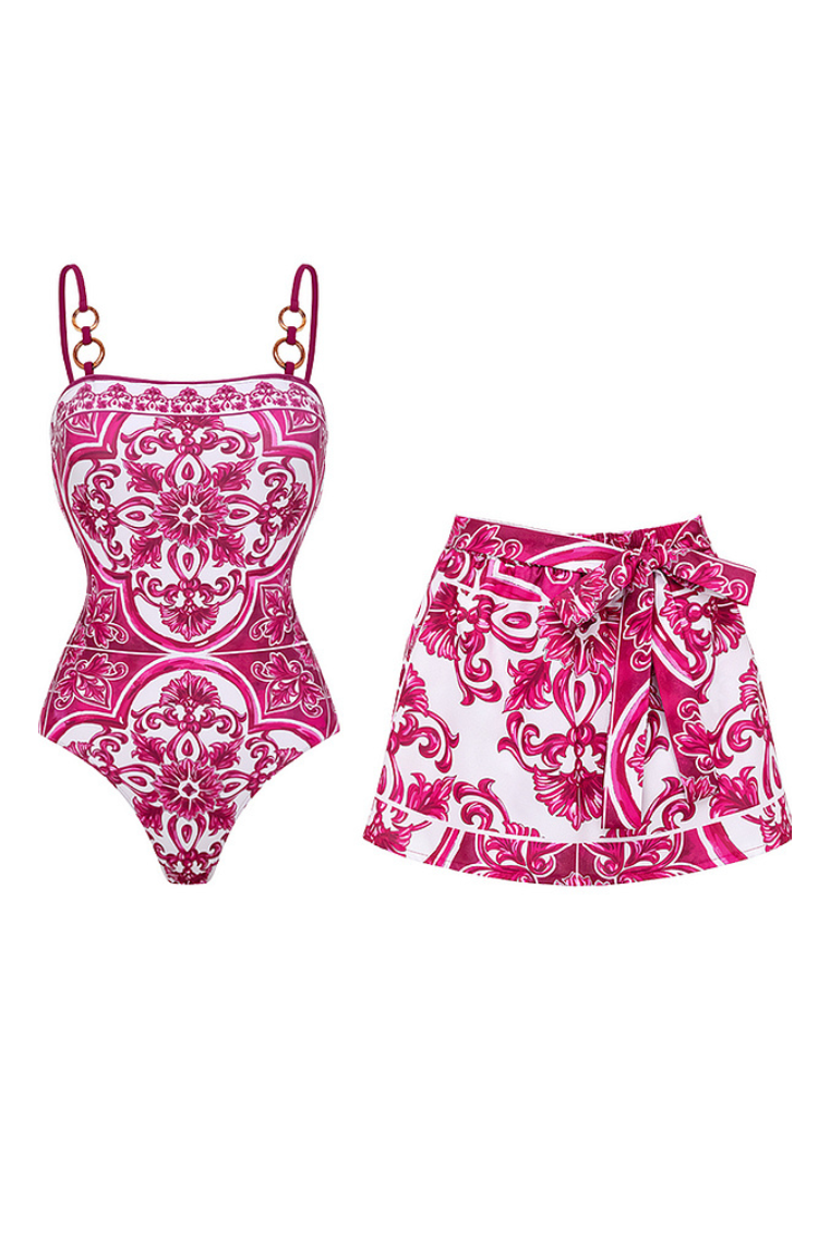 Pembe Çiçek Desenli Şort Etekli Mayo Takımı