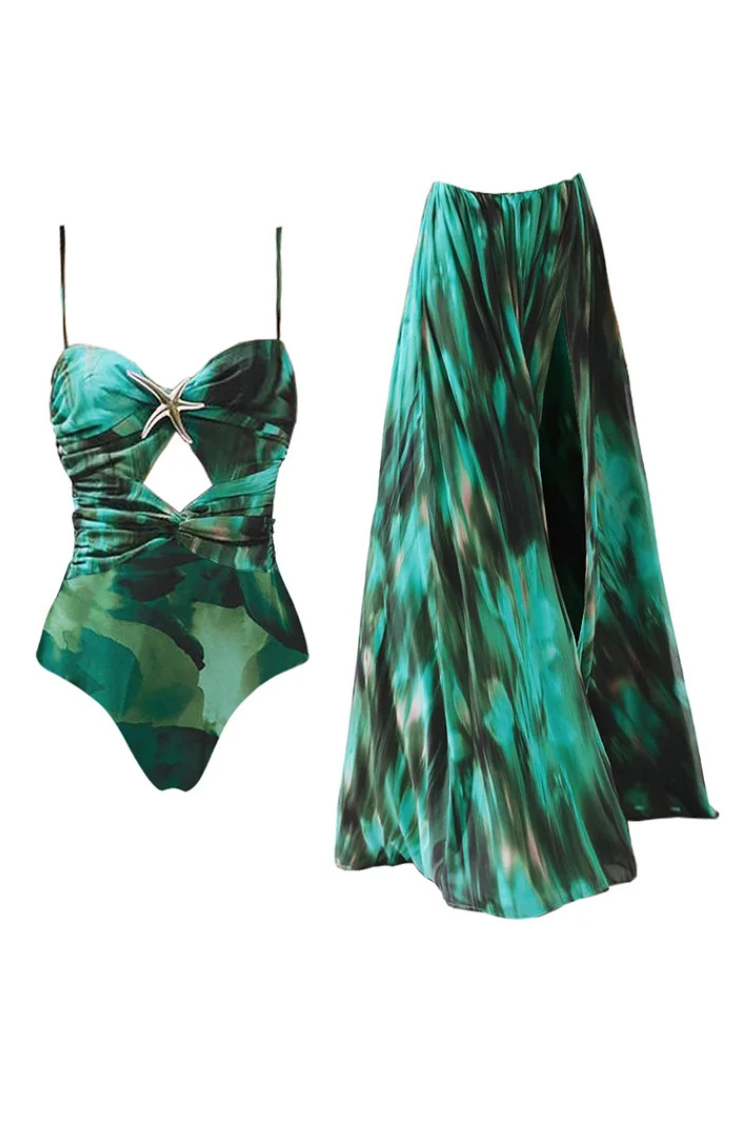 Zümrüt Deniz Yıldızı Detaylı Fırfırlı Mayo Takımı